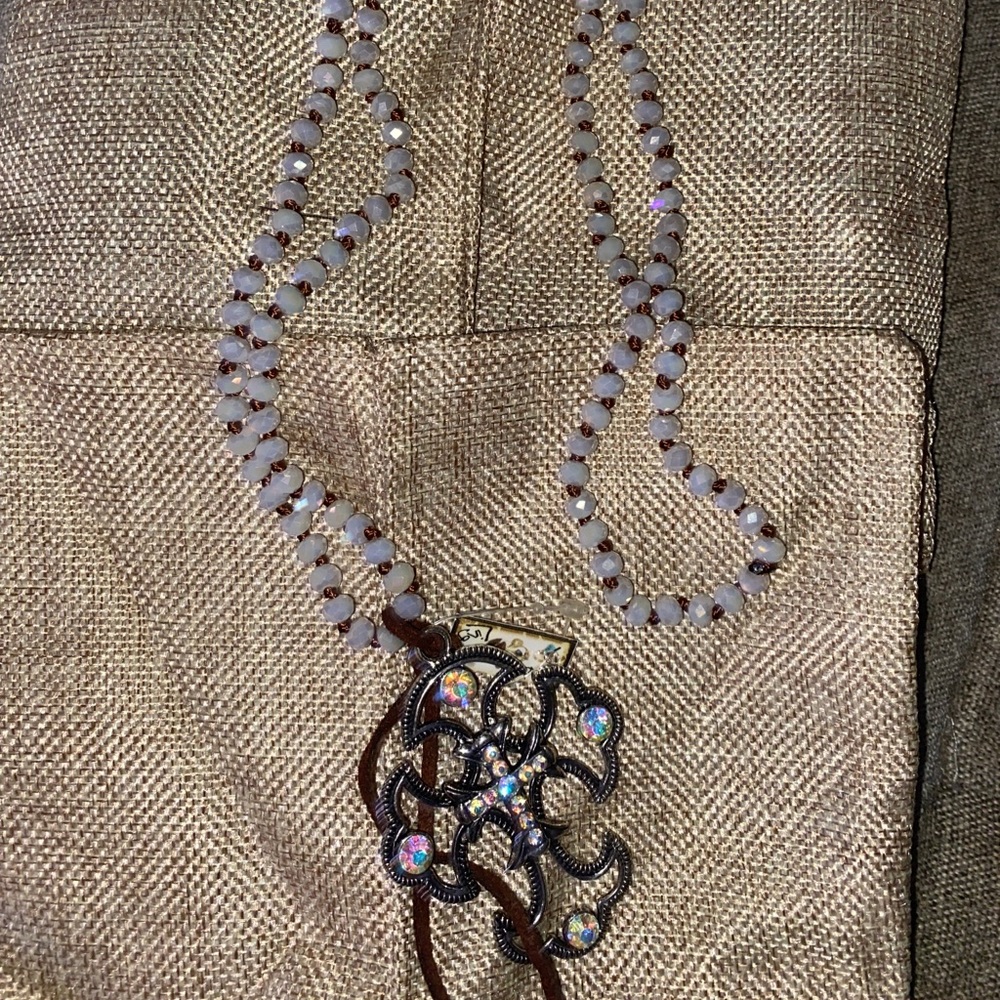 36” White Beaded Necklace W/Silver Crystal Cross